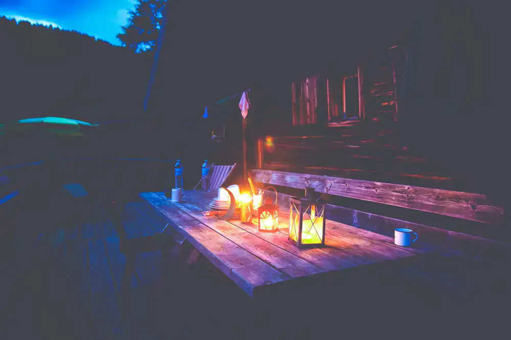 Cozy cabin in the woods at twilight